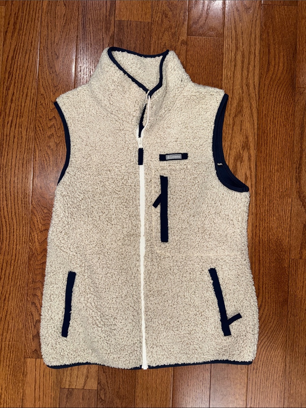 Columbia Cream Sherpa Vest with Navy Trim